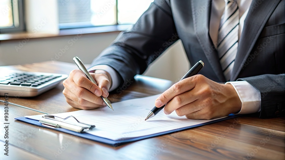 A close-up of a person's hand holding a pen and signing a document on a desk with a policy brochure and calculator nearby. A close-up of a person's hand holding a pen and signing a document on a desk with a policy brochure and calculator nearby.