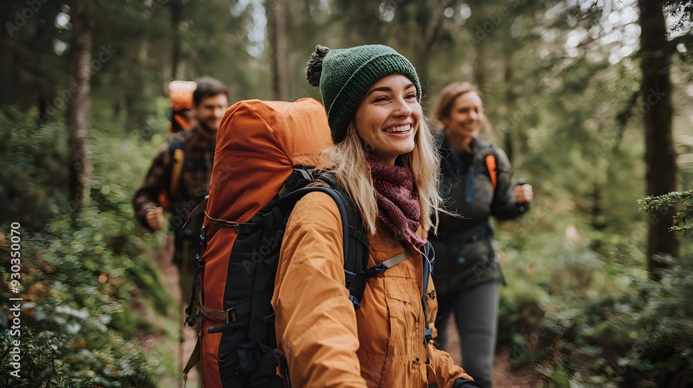 Fototapeta premium Friends Hiking Through Lush Forest Landscape on Adventurous Outdoor