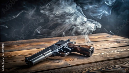 A close-up shot of a smoking gun lying on a dark wooden table, with a faint haze of smoke rising into the dimly lit air. photo