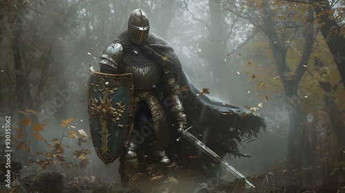 Medieval knight standing resolute in a misty forest, adorned in full armor, holding a shield and sword with a background of fall foliage.