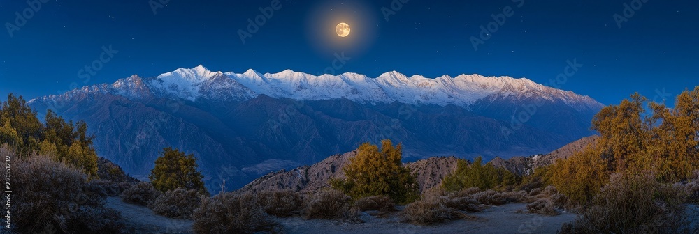 Obraz premium At blue hour, the full moon is rising over distant mountains
