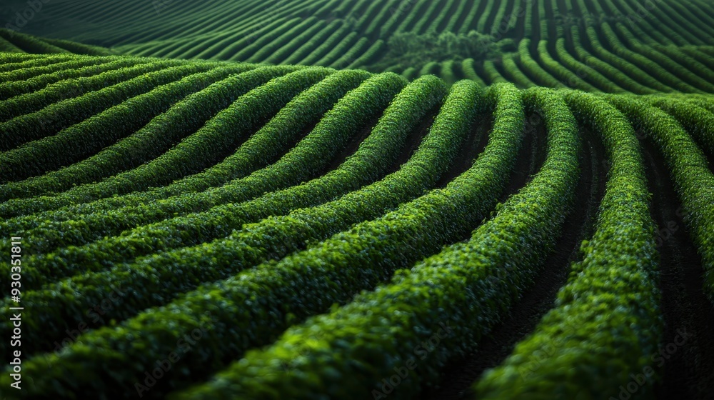 An expansive view of lush green agricultural fields with perfectly parallel rows of crops, exemplifying the beauty of organized farming and the bounty of nature. An expansive view of lush green agricultural fields with perfectly parallel rows of crops, exemplifying the beauty of organized farming and the bounty of nature.