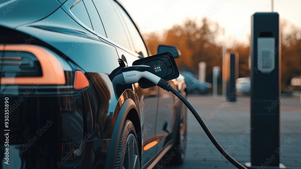 an electric vehicle gracefully connected to a charging station point an electric vehicle gracefully connected to a charging station point