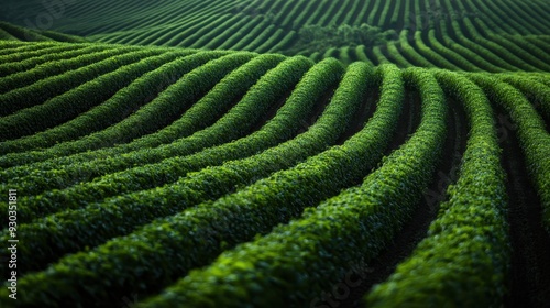 An expansive view of lush green agricultural fields with perfectly parallel rows of crops, exemplifying the beauty of organized farming and the bounty of nature.