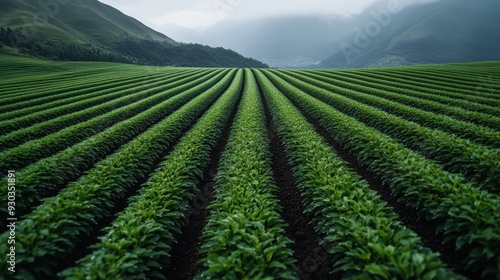 Expansive farmland with lush green rows of plants stretches towards misty mountains, offering a serene and fertile countryside vista on an overcast day.