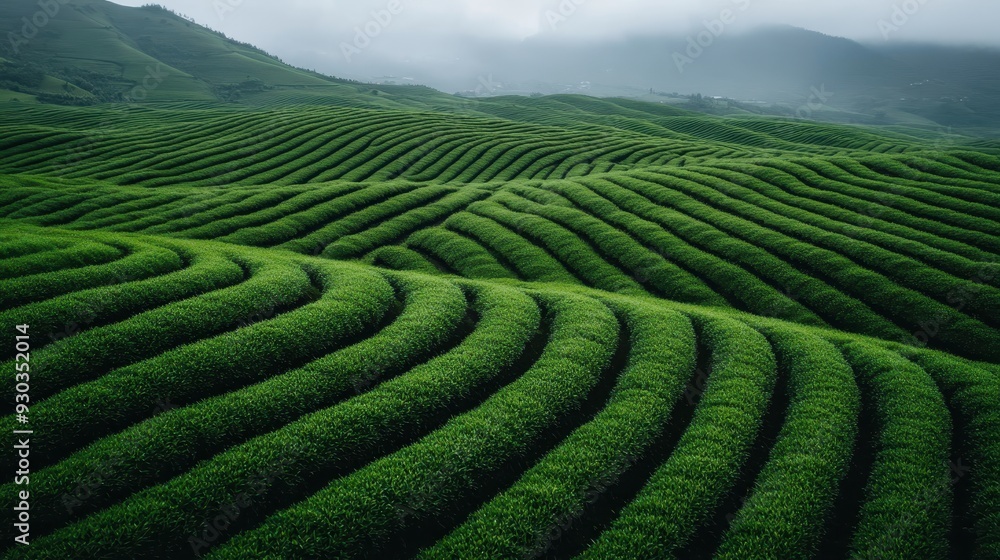 Hills with wavy rows of green crops stretch across the frame, providing a mesmerizing and rhythmic agricultural scene set against a cloudy sky backdrop. Hills with wavy rows of green crops stretch across the frame, providing a mesmerizing and rhythmic agricultural scene set against a cloudy sky backdrop.