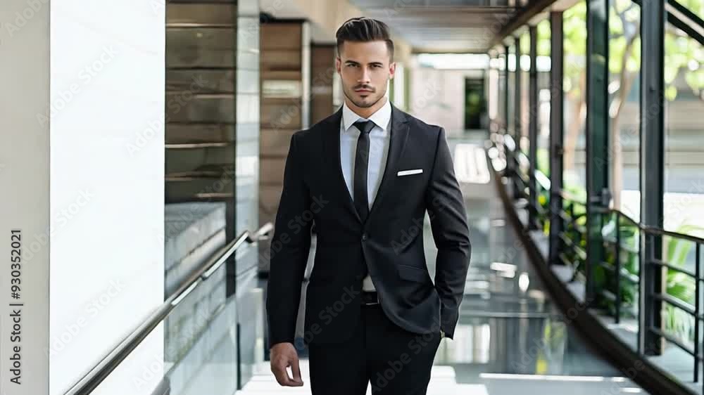Confident Executive: A young, determined businessman in a sharp suit walks through a modern office building, embodying ambition and success. Confident Executive: A young, determined businessman in a sharp suit walks through a modern office building, embodying ambition and success.