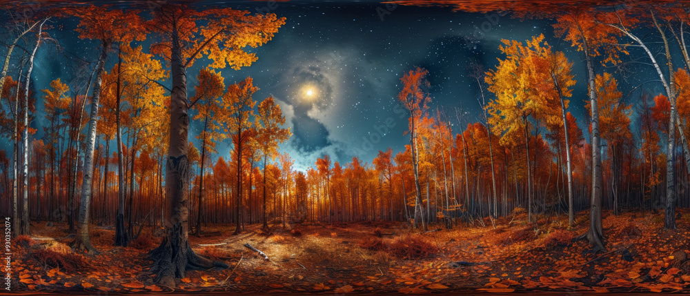 Naklejka premium A serene autumn forest scene with vibrant orange leaves, glowing moon, and starry sky, evoking sense of tranquility and wonder.