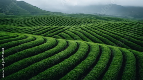 Hills with wavy rows of green crops stretch across the frame, providing a mesmerizing and rhythmic agricultural scene set against a cloudy sky backdrop.