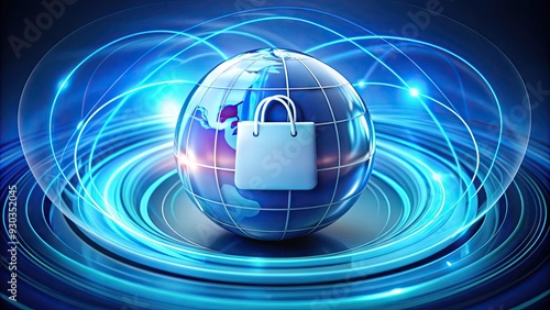 A colorful digital shopping icon with a blue globe and white bag symbol, surrounded by stylized swirls, representing e-commerce and online retail services. photo