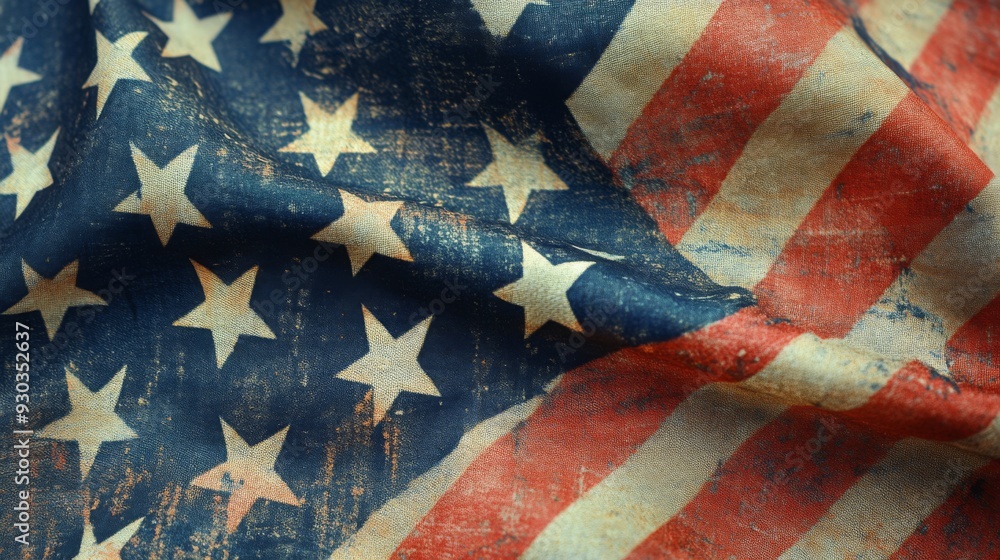 Naklejka premium A weathered American flag displays vibrant colors and distinctive patterns, showcasing its aged texture and historical significance.