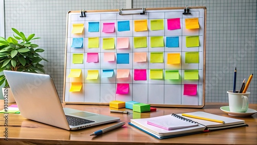 A colorful sticky note filled whiteboard outlines tasks, milestones, and deadlines for a successful business project, surrounded by pens, papers, and a laptop. photo