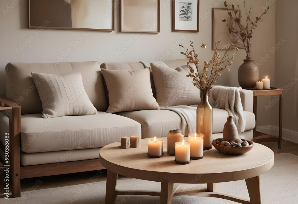 Naklejka premium A cozy living room with a beige sofa, decorative vases, and a wooden coffee table with candles.