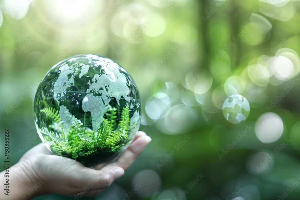 Hand Holding Glass Globe with Green Plants Inside Against a Blurred Forest Background Hand Holding Glass Globe with Green Plants Inside Against a Blurred Forest Background