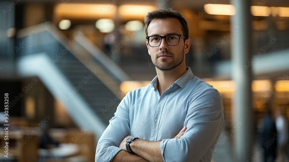 A confident man in glasses stands with arms crossed in a modern workspace. A confident man in glasses stands with arms crossed in a modern workspace.