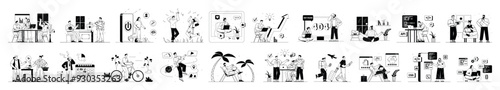 Bundle of linear concepts with people scene in flat cartoon design. Situations in various themes are depicted in this collection in a black and white colors. Vector illustration.