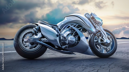 Futuristic silver motorcycle on a road with a cloudy sky in the background. photo