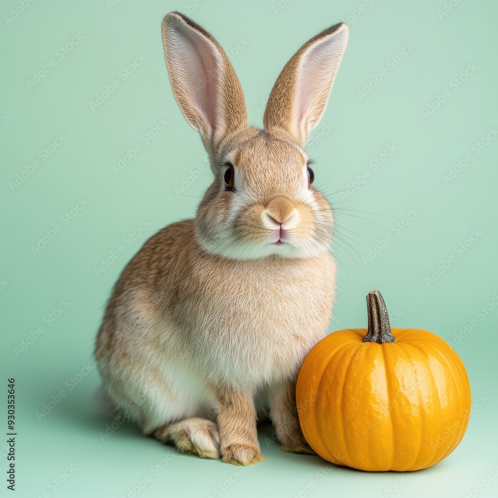 Obraz premium Rabbit sitting next to a small pumpkin with a pastel green background