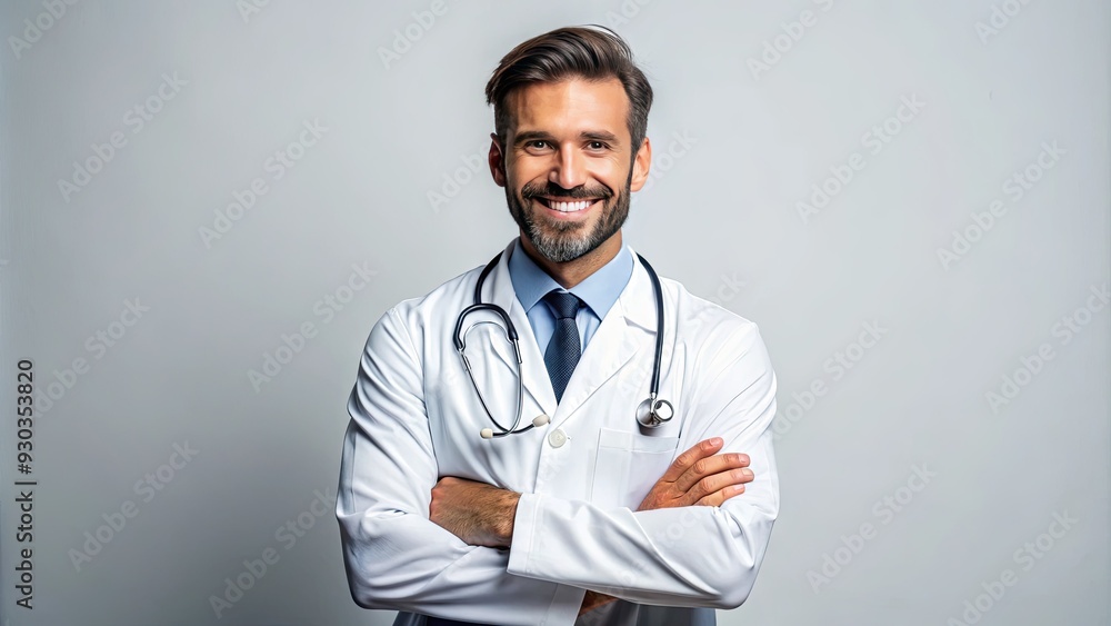 A confident dentist in a white lab coat and stethoscope smiling directly at the camera, isolated on a pure white background with a professional pose. A confident dentist in a white lab coat and stethoscope smiling directly at the camera, isolated on a pure white background with a professional pose.