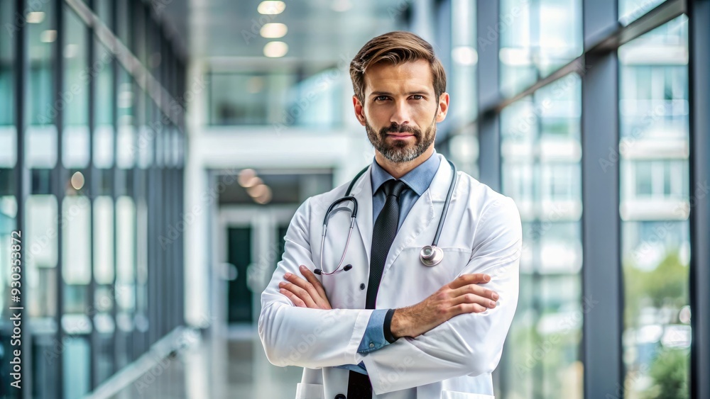 A confident male doctor in a black lab coat and stethoscope stands with arms crossed, exuding professionalism and expertise in a modern medical setting. A confident male doctor in a black lab coat and stethoscope stands with arms crossed, exuding professionalism and expertise in a modern medical setting.