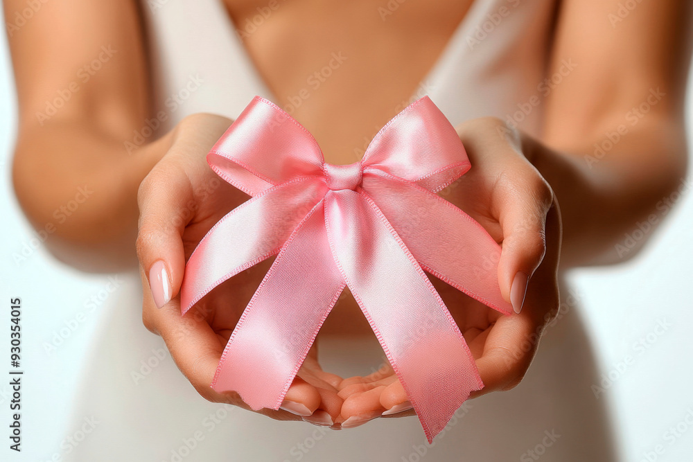 Close-up of delicate hands holding a pink ribbon, symbolizing support and awareness for breast cancer. Close-up of delicate hands holding a pink ribbon, symbolizing support and awareness for breast cancer.