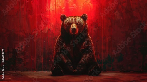 A large black bear is peacefully sitting in front of a bright red wall