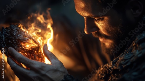 A close-up of a person's hands holding a jagged, fiery rock, emitting intense heat and light, symbolizing raw power and transformation in a dark setting. photo