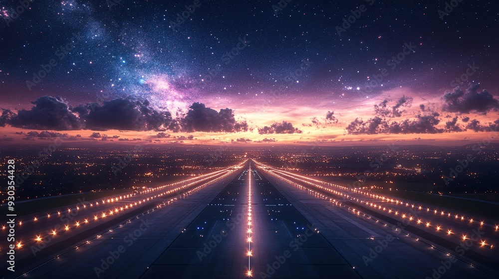 Dark concrete or asphalt of plane runway with light in the night sky view. Dark concrete or asphalt of plane runway with light in the night sky view.