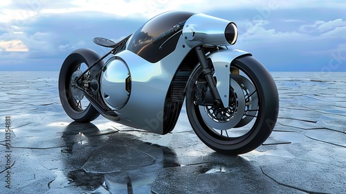 Futuristic silver motorcycle on cracked ice. photo