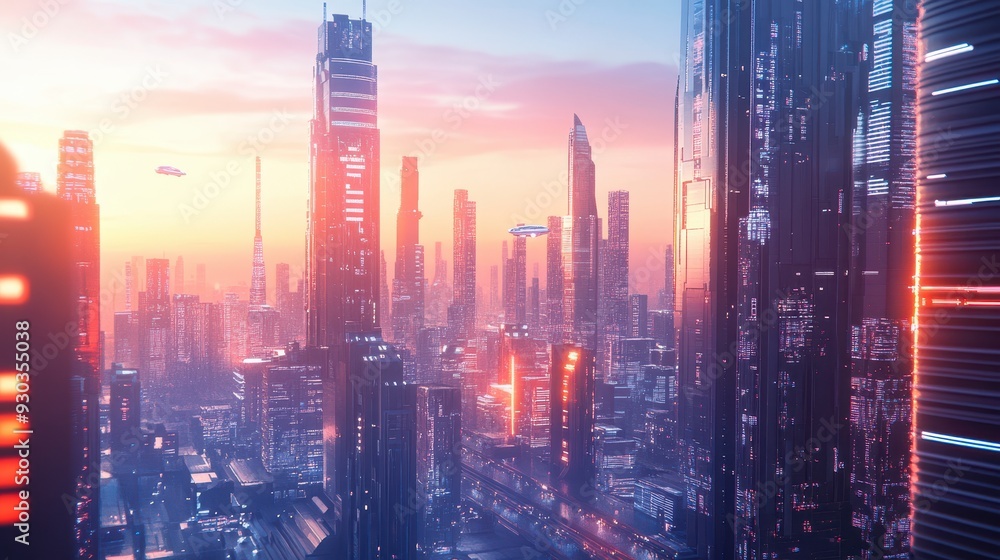 Fototapeta premium A futuristic cityscape at sunset with towering skyscrapers and flying vehicles.