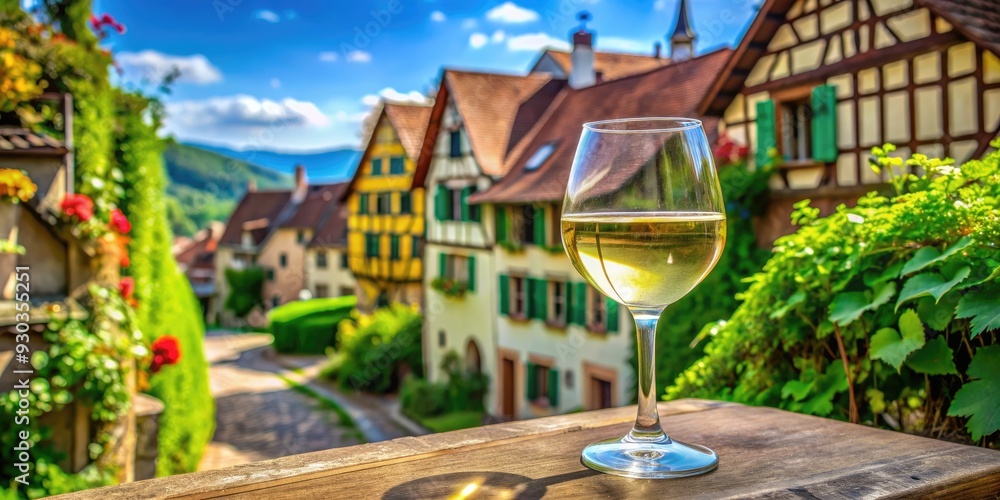 A delicate glass of local white wine sits on a rustic outdoor table, surrounded by lush greenery, with blurred half-timbered houses in the charming Alsatian village of Riquewihr, France. A delicate glass of local white wine sits on a rustic outdoor table, surrounded by lush greenery, with blurred half-timbered houses in the charming Alsatian village of Riquewihr, France.