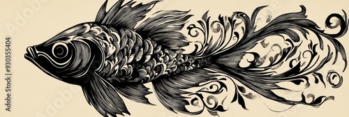 Playful Black and White Fish with Art Nouveau Text Fishy Wishy photo