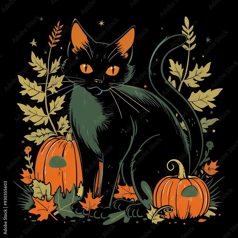 there is a black cat sitting in the grass with pumpkins there is a black cat sitting in the grass with pumpkins