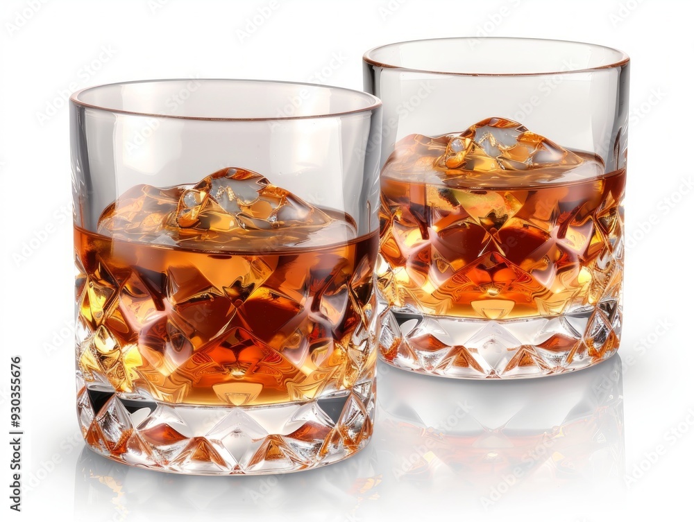 Two crystal glasses filled with amber liquor and ice, showcasing a luxurious and sophisticated drinking experience. Two crystal glasses filled with amber liquor and ice, showcasing a luxurious and sophisticated drinking experience.