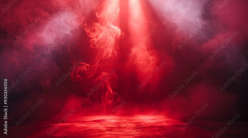 Fototapeta premium Red smoke swirling under dramatic lighting in a darkened space