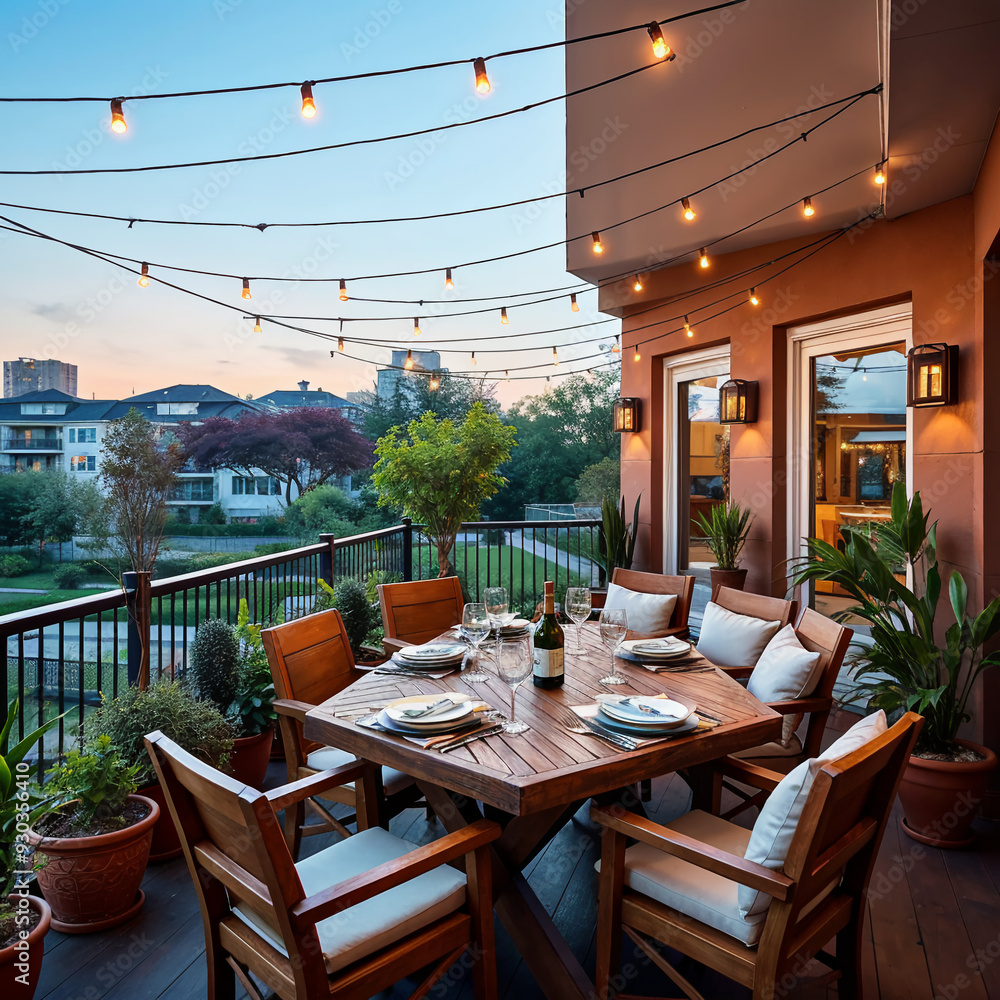 Naklejka premium Outdoor patio dining area with string lights at sunset
