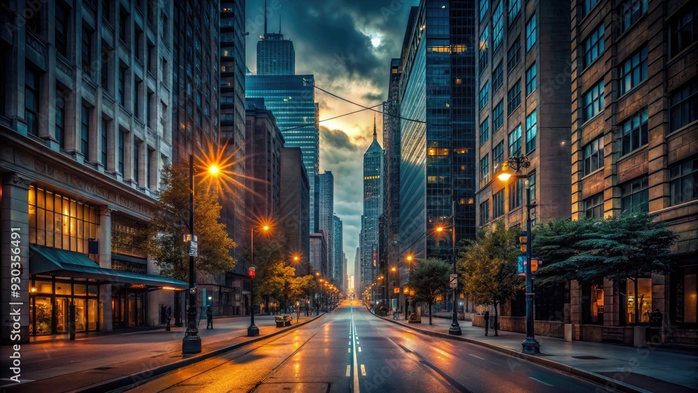 A dimly lit city street at dusk with dark skyscrapers and deserted sidewalks, devoid of life and activity, sans electricity and power. A dimly lit city street at dusk with dark skyscrapers and deserted sidewalks, devoid of life and activity, sans electricity and power.