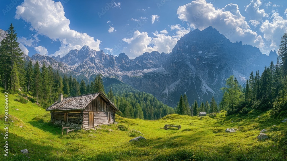 Rustic Wooden Cabin Nestled in Alpine Meadow with Majestic Mountain Range Rustic Wooden Cabin Nestled in Alpine Meadow with Majestic Mountain Range