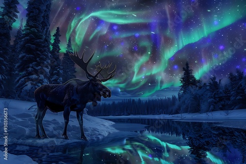 araffe standing in the snow with a lake and aurora lights in the background photo