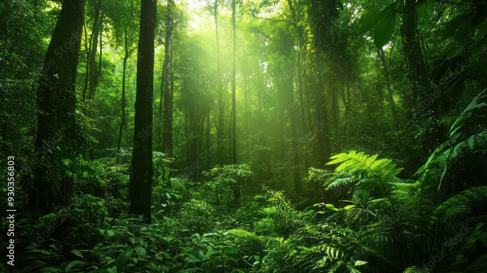 Obraz premium Sunlight Filtering Through Lush Rainforest Canopy