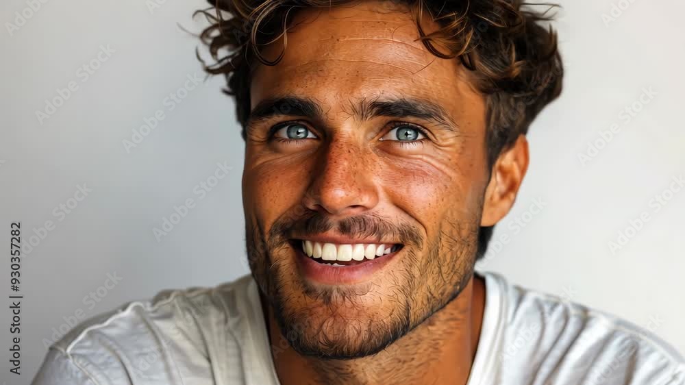 Smiling man with curly hair and blue eyes poses against a neutral background in a casual setting Smiling man with curly hair and blue eyes poses against a neutral background in a casual setting