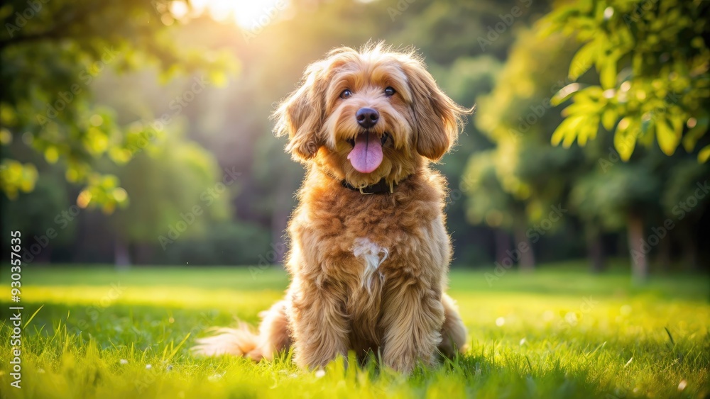 Adorable brown fluffy dog with floppy ears and wagging tail sits on a green grassy lawn, looking playful and joyful on a sunny day. Adorable brown fluffy dog with floppy ears and wagging tail sits on a green grassy lawn, looking playful and joyful on a sunny day.