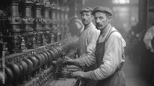 Wallpaper Mural Industrial workers work in a heavy industry, retro factory machine equipment and production Torontodigital.ca