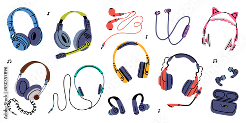 Headphones as Device for Music Listening Vector Set