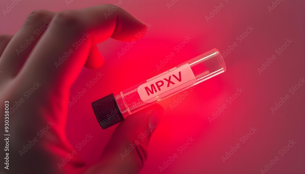 Fototapeta premium Gloved Hand Holding a Test Tube Labeled MPXV