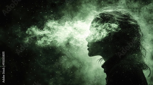 Surreal profile of woman with face dissolving into smoke