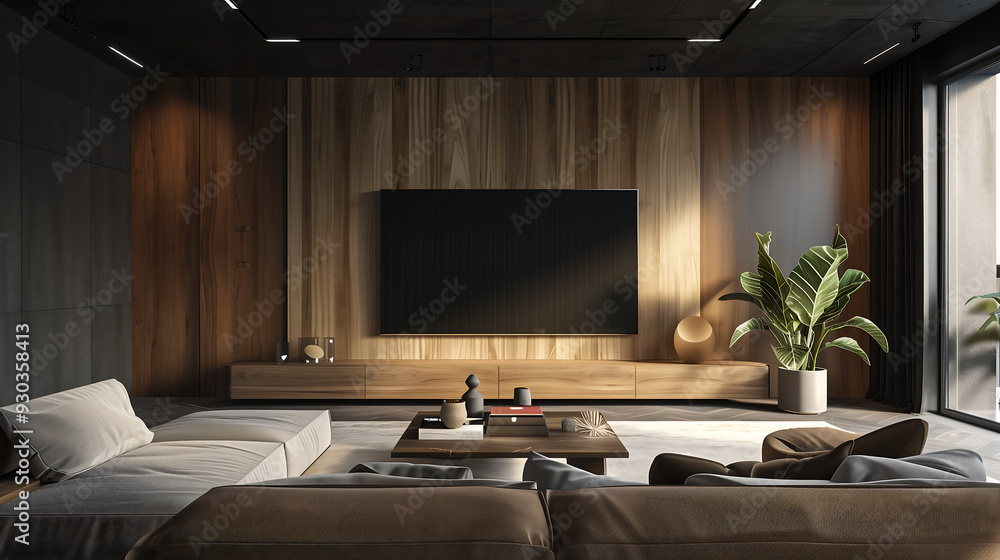 Luxury home theater. Modern Living Room with Dark Wood Walls and Minimalist Decor. Generative AI Luxury home theater. Modern Living Room with Dark Wood Walls and Minimalist Decor. Generative AI