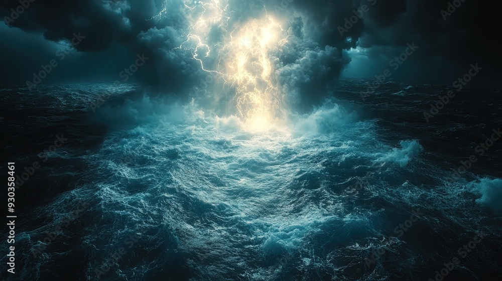 Fototapeta premium Stormy ocean waves with glowing light breaking through clouds
