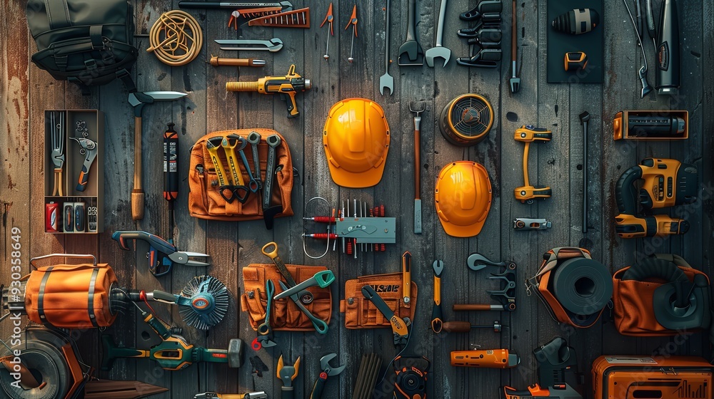Generative AI Labor Day Flat Lay of Workers' Tools - 8K Realistic Generative AI Labor Day Flat Lay of Workers' Tools - 8K Realistic