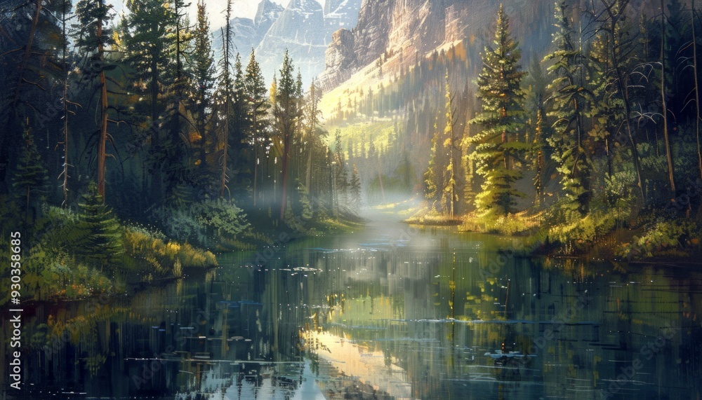 Obraz premium Sunlit River Through Pine Forest